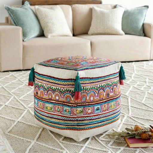 Surya All Stools, Poufs + Side Tables Colorful Embroidered Tassel Pouf 3 Surya All Stools, Poufs + Side Tables Colorful Embroidered Tassel Pouf